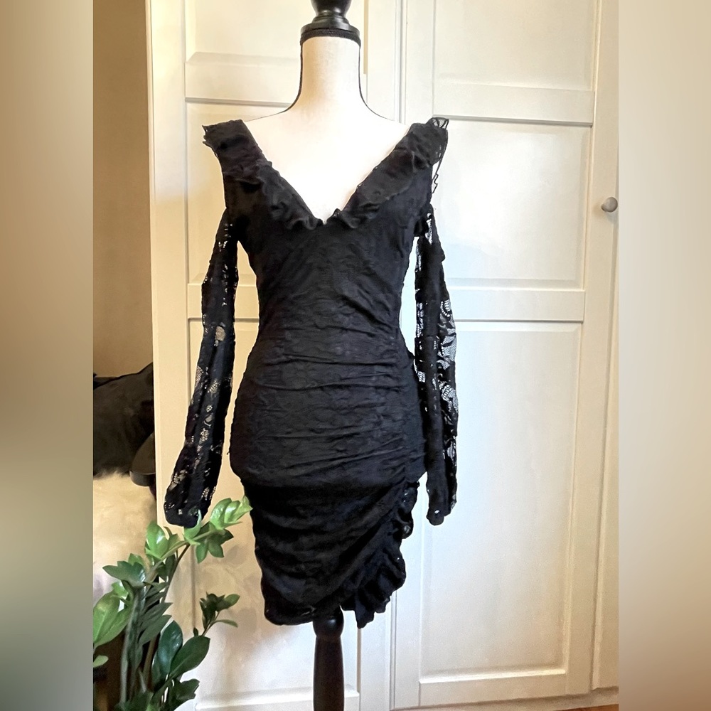 BEBE cold shoulder black lace dress size S